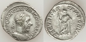 Macrinus (AD 217-218). AR denarius (20mm, 2.98 gm, 12h). VF. Rome, AD 217-218. IMP C M OPEL SEV MACRINVS AVG, laureate, draped and cuirassed bust of M...