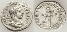 Elagabalus (AD 218-222). AR denarius (19mm, 3.09 gm, 1h). VF. Rome, AD 221-222. IMP ANTONINVS-PIVS AVG, laureate, horned, draped bust of Elagabalus ri...
