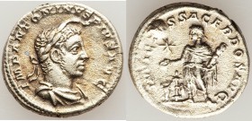 Elagabalus (AD 218-222). AR denarius (19mm, 3.73 gm, 12h). VF, porous, raised anomaly. Rome. IMP ANTONINVS PIVS AVG, horned, laureate, draped bust of ...