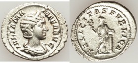 Julia Mamaea (AD 222-235). AR denarius (22mm, 2.33 gm, 1h). XF, porous. Rome. IVLIA MA-MAEA AVG, draped bust of Julia Mamaea right, seen from front, w...
