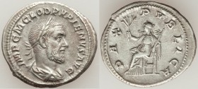 Pupienus (April-June AD 238). AR denarius (20mm, 3.59 gm, 7h). VF. Rome. IMP C M CLOD PVPIENVS AVG, laureate, draped and cuirassed bust of Pupienus ri...