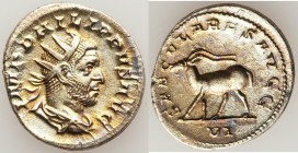 Philip I (AD 244-249). AR antoninianus (21mm, 4.07 gm, 6h). VF, porous. Rome, 6th officina, Millennium Issue, AD 248. IMP PHILIPPVS AVG, radiate, drap...