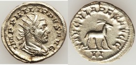 Philip I (AD 244-249). AR antoninianus (23mm, 4.24 gm, 6h). VF, porous. Rome, 6th officina, Millennium Issue, AD 248. IMP PHILIPPVS AVG, radiate, drap...