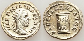 Philip I (AD 244-249). AR antoninianus (22mm, 4.55 gm, 12h). VF, porous. Rome, Millennium Issue, AD 248. IMP PHILIPPVS AVG, radiate, draped and cuiras...