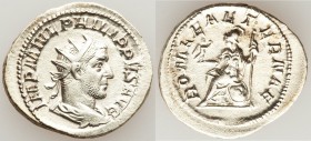 Philip I (AD 244-249). AR antoninianus (24mm, 4.10 gm, 1h). VF, porous. Rome, AD 244-247. IMP M IVL PHILIPPVS AVG, radiate, draped and cuirassed bust ...