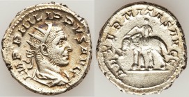 Philip I (AD 244-249). AR antoninianus (21mm, 4.77 gm, 7h). VF, porous. Rome, AD 247-249. IMP PHILIPPVS AVG, radiate, draped and cuirassed bust of Phi...