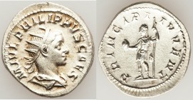 Philip II, as Caesar (AD 247-249). AR antoninianus (22mm, 4.29 gm, 6h). VF, porous. Rome, AD 244-246. M IVL PHILIPPVS CAES, radiate, draped bust of Ph...