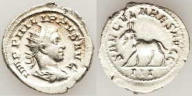 Philip II, as Augustus (AD 247-249). AR antoninianus (24mm, 3.71 gm, 12h). VF, porous. Rome, 3rd officina, Millennial issue, AD 248. IMP PHILIPPVS AVG...