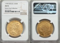 Maria I gold 6400 Reis 1799-R AU55 NGC, Rio de Janeiro mint, KM226.1. Bejeweled headdress type, fully struck with nice portrait and generous amount of...