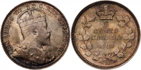 Edward VII "Large H" 5 Cents 1902-H MS66 NGC, Heaton mint, KM9. Large broad H variety. Mixture of gold, blue and red toning.

HID09801242017
