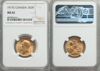 George V gold Sovereign 1917-C MS62 NGC, Ottawa mint, KM20. AGW 0.2355 oz.

HID09801242017