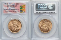 George V gold 10 Dollars 1913 MS63 PCGS Ottawa mint, KM27. AGW 0.4837 oz. Ex. Canadian Gold Reserve

HID09801242017