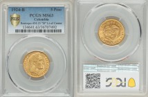 Republic gold 5 Pesos 1924-B MS63 PCGS, Bogata mint, KM201.1, Restrepo-451.21. "B" mintmark is left of center. AGW 0.2355 oz.

HID09801242017