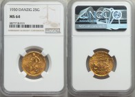 Free City gold 25 Gulden 1930 MS64 NGC, KM150, Fr-44. Mintage: 4,000. An exceptional piece with plenty of flash that beams off the apricot-hued surfac...