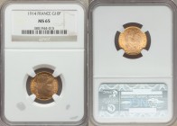 Republic gold 10 Francs 1914 MS65 NGC, Paris mint, KM846. Cartwheel luster. AGW 0.0933 oz.

HID09801242017