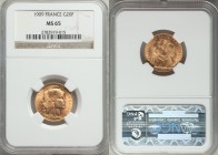 Republic gold 20 Francs 1909 MS65 NGC, Paris mint, KM857. Honey gold cartwheel luster. AGW 0.1867 oz. 

HID09801242017