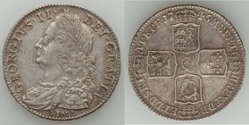 George II "Lima" 1/2 Crown 1746 XF (graffiti, scratches), KM584.3, S-3695A. 33mm. 14.98gm. Fully struck coin with lavender-gray and gold toning. Scrat...