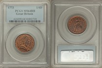 George III Farthing 1773 MS64 Red and Brown PCGS, KM602. Just enough brown to enhance the flashy red fields and highlight the raised lettering and dev...