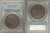 George III Penny 1797 MS63 Brown PCGS, KM618. This one year type exudes character with its dark brown and blue toned surface stifling, yet allowing en...