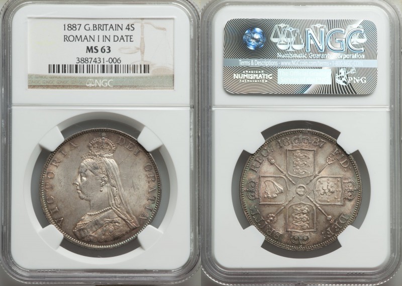 Victoria Double Florin 1887 MS63 NGC, KM763, S-3923, ESC-395. Roman 1 in date va...