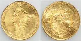 Ferdinand V gold Ducat 1848 AU (bent), KM433. 21mm. 3.49gm. Nice full portrait of the king standing. Good luster but does display a few bends in metal...