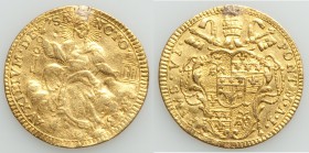 Papal States. Pius VI gold Zecchino Anno I (1775) XF (bent, mounted), Rome mint, KM1029, B-2954. 21mm. 3.38gm. From the Allen Moretti Swiss Collection...