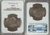 Republic 50 Centesimos 1904 MS63 NGC, KM5. Appealing golden gray toning with accenting shades of red and turquoise making it more attractive with each...