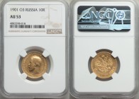 Nicholas II gold 10 Roubles 1901-ΦЗ AU53 NGC, St. Petersburg mint, KM-Y64. AGW 0.2489 oz.

HID09801242017