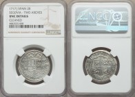 Philip V 2 Reales 1717 (Aqueduct)-J UNC Details (Cleaned) NGC, Segovia mint, KM297. Numerous die varieties exist for 1717 this being the two arch vari...