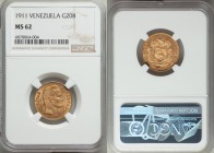 Republic gold 20 Bolivares 1911 MS62 NGC, Paris mint, KM-Y32. Die varieties exist in the placement of dot between date and Lei, Type 1 is evenly space...