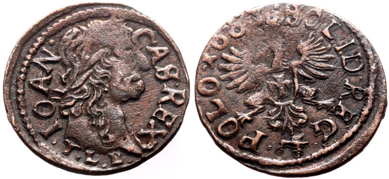 Poland, John II Casimir Vasa (1649-1668) AE Solidus (1.31g, 16mm) 1663
Obv: T L...
