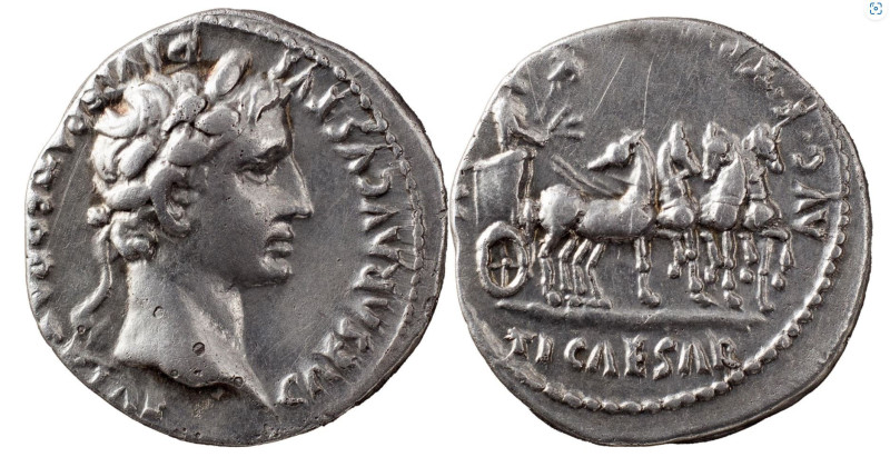 Augustus Denarius
Obv. CAESAR AVGVSTVS DIVI F PATER PATRIAE, Laureate head of Au...