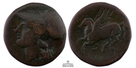 BRUTTIUM, Lokroi Epizephyrioi. Circa 304-289 BC or 280-275 BC. Æ (23 mm, 9.73 g.). Head of Athena to left, wearing Corinthian helmet; behind, grain ea...