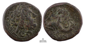 CALABRIA, Brundisium. 2nd century BC. Æ Semis (21 mm, 8.56 g.). Semuncial standard. Wreathed head of Neptune right; to left, Victory, crowning him wit...