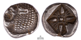 IONIA, Miletos. Late 6th-early 5th century BC. AR Hemihekte – Obol (10 mm, 1.09 g.). Forepart of lion right, head reverted / Stellate pattern within i...