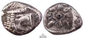 IONIA, Miletos. Late 6th-early 5th century BC. AR Hemihekte – Obol (10 mm, 1.24 g.). Forepart of lion right, head reverted / Stellate pattern within i...