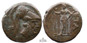 LUCANIA, Metapontion. Circa 225-200 BC. Æ (16 mm, 4.89 g.). Helmeted head of Leukippos right / Demeter standing facing, head right, holding long cross...