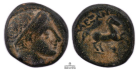 KINGS of MACEDON. Alexander III 'the Great'. 336-323 BC. Æ Half Unit (16 mm, 3.73 g.). Uncertain mint in Macedon. Male head right, wearing tainia / Ho...