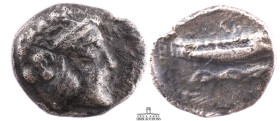 PHOENICIA, Arados. Circa 380-351/0 BC. AR Obol ( 9 mm, 0.81 g.). Laureate head of Ba'al-Arwad to right / &#67660;&#67648; ('ma' in Aramaic) Galley rig...