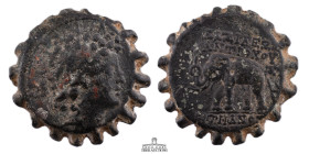 SELEUKID EMPIRE. Antiochos VI Dionysos. 144-142 BC. Serrate Æ (22 mm, 7.92 g.). Antioch mint. Radiate head right, crowned with ivy / Elephant advancin...