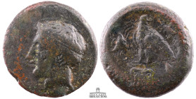 SICILY, Akragas. Circa 400-380 BC. Æ Hemilitron (25 mm, 18.00 g.). Horned head of young river god Akragas left, wearing tainia / Eagle standing left, ...