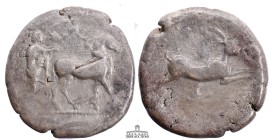 SICILY, Messana. 470-466 BC. AR Tetradrachm (26 mm, 16.85 g.). Charioteer, seated, driving biga of mules right; olive leaf in exergue / Hare springing...