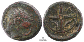SICILY, Syracuse. Second Democracy. 466-405 BC. Æ (15 mm, 3.81 g.). Head of Arethousa left, hair in sphendone / Wheel of four spokes; dolphins in lowe...