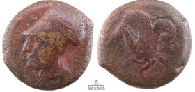 SICILY, Syracuse. Dionysios I. 405-367 BC. Æ(20 mm, 5.70 g.). Head of Athena left, wearing Corinthian helmet with neck guard / Hippocamp left. 