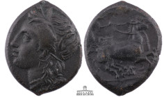 SICILY, Syracuse. Hiketas II. 287-278 BC. Æ (18 mm, 6.82 g.). Struck circa 287-283 BC. Wreathed head of Kore left; grain ear to right / Nike driving g...