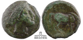 THESSALY, Larissa. Mid-late 4th century BC. Æ Dichalkon (18 mm, 2.60 g.). Head of the nymph Larissa right / Horse standing right, preparing to lie dow...
