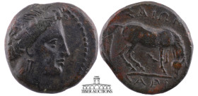 THESSALY, Larissa. Mid-late 4th century BC. Æ Dichalkon (18 mm, 3.63 g.). Head of the nymph Larissa right / Horse standing left, grazing. 