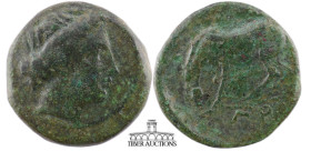 THESSALY, Larissa. Mid-late 4th century BC. Æ Dichalkon (18 mm, 4.03 g.). Head of the nymph Larissa right / Horse standing left, grazing. 