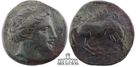 THESSALY, Larissa. Mid-late 4th century BC. Æ Dichalkon (18 mm, 3.63 g.). Head of the nymph Larissa right / Horse standing right, grazing. 