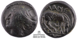 THESSALY, Larissa. Mid-late 4th century BC. Æ Chalkous (12 mm, 2.07 g.). Head of the nymph Larissa right / Horse standing left, grazing. 